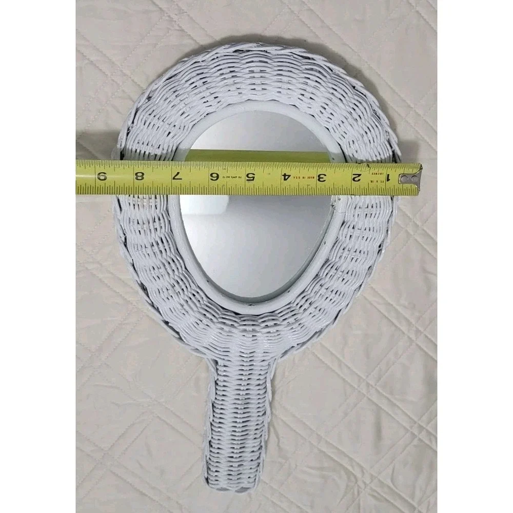 Wicker Rattan Hand Held Mirror Two Sided Vintage White 1970's Woven Braided